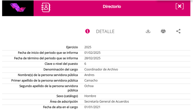 Detalle del directorio de la plataforma nacional de transparencia que muestra información sobre un servidor público llamado Andrés Camacho Ochoa, su cargo como Coordinador de Archivo y fechas relevantes de su empleo.
